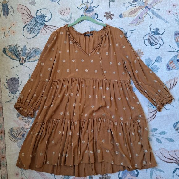 Madewell Dress Large Tie-Neck Tiered Mini Hickory Bloom Dot - Perfect for Fall! - Picture 3 of 13
